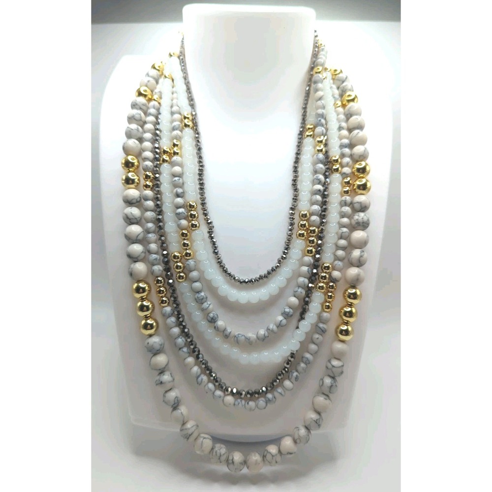 Talbots 7 Strand Necklace Beaded Statement White Marbled Gray Goldtone NWT